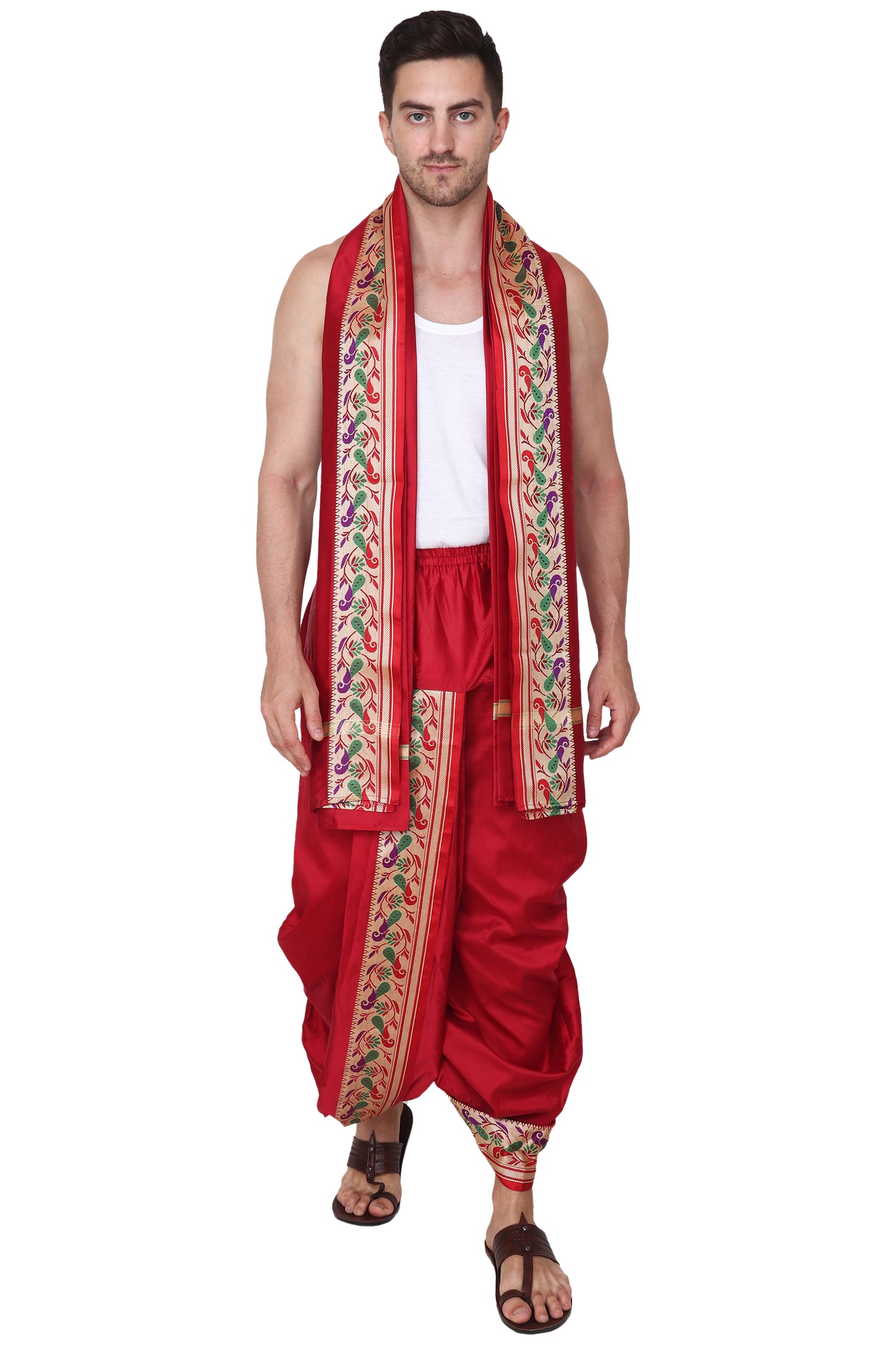 Readymade Dhoti for Men, Velcro Style Stitched Mens Silk Dhoti Pant Set, Free Size