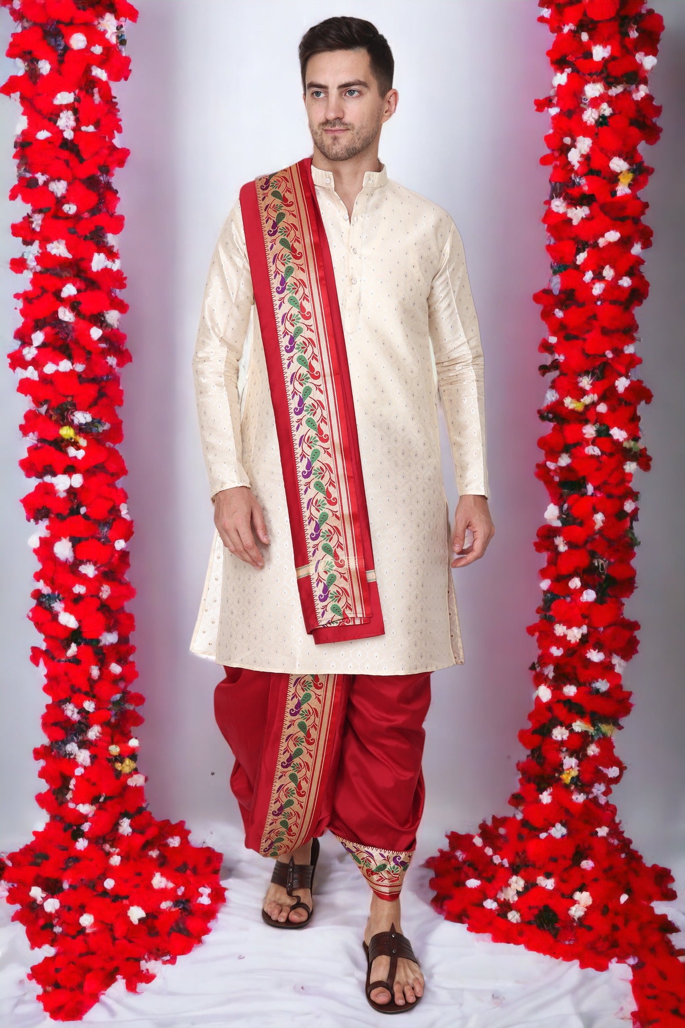 Dhoti Kurta Set for Men with Stole - Sherwani Style - Mens Wedding Dress