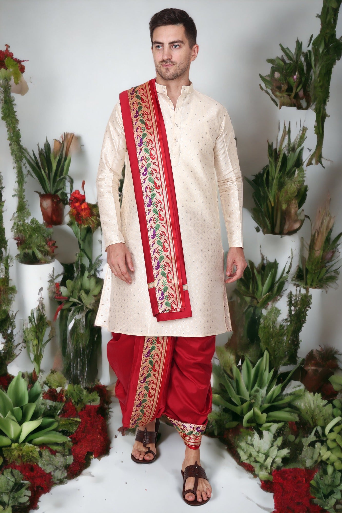 Dhoti Kurta Set for Men with Stole - Sherwani Style - Mens Wedding Dress