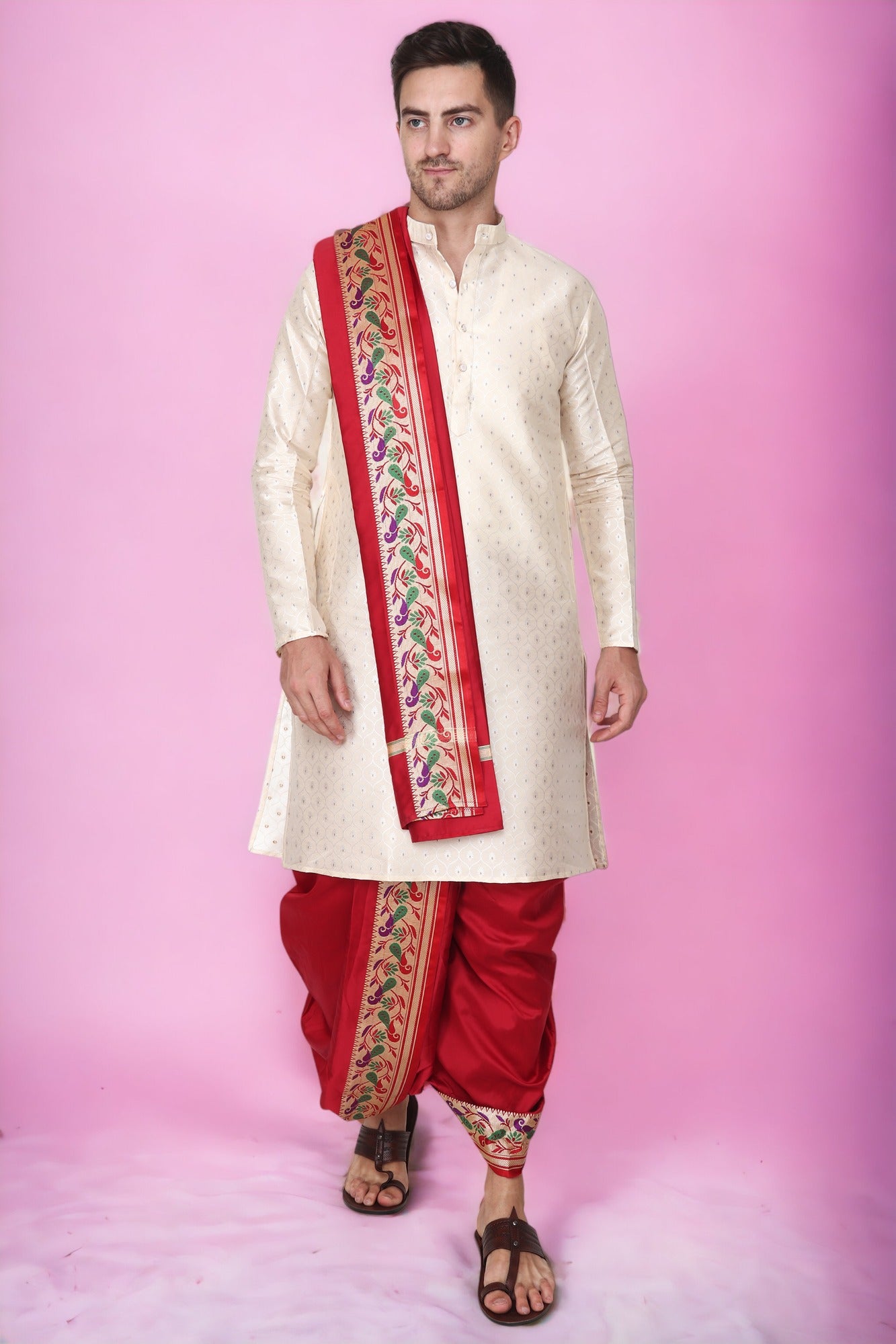 Dhoti Kurta Set for Men with Stole - Sherwani Style - Mens Wedding Dress