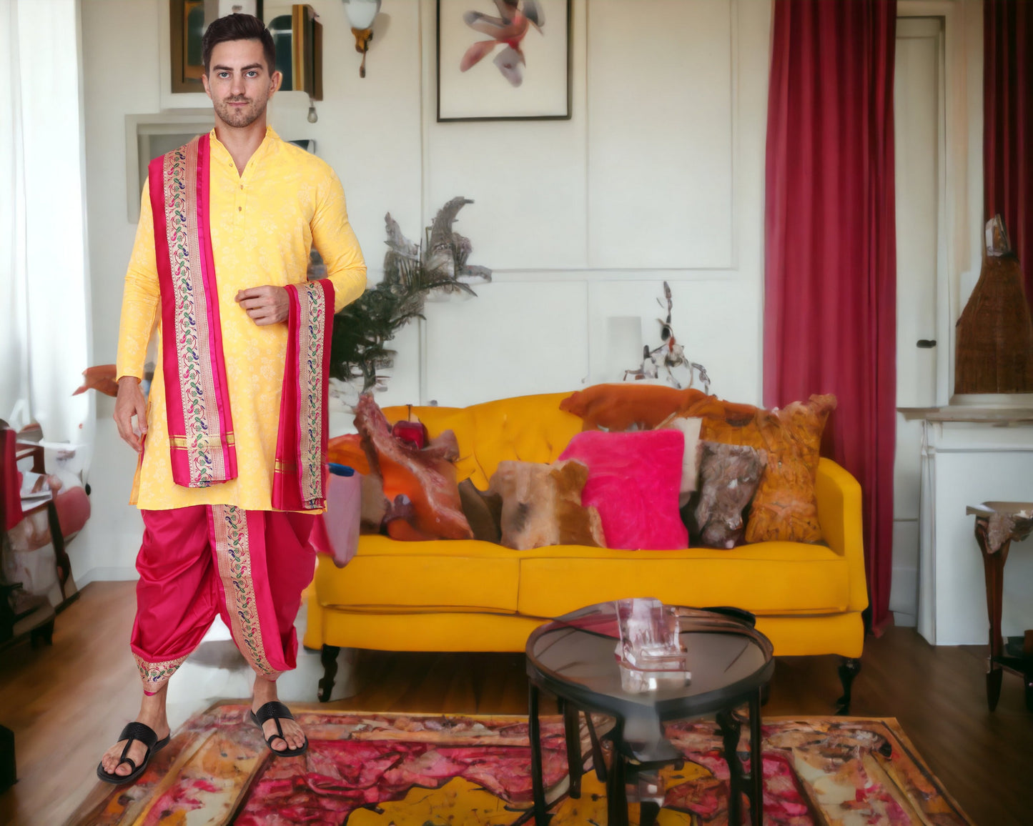 Dhoti Kurta Set for Men with Stole - Sherwani Style - Mens Wedding Dress