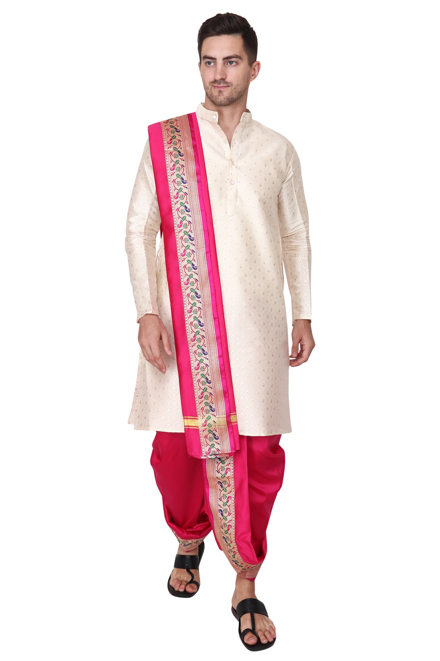 Readymade Dhoti for Men, Velcro Style Stitched Mens Silk Dhoti Pant Set, Free Size