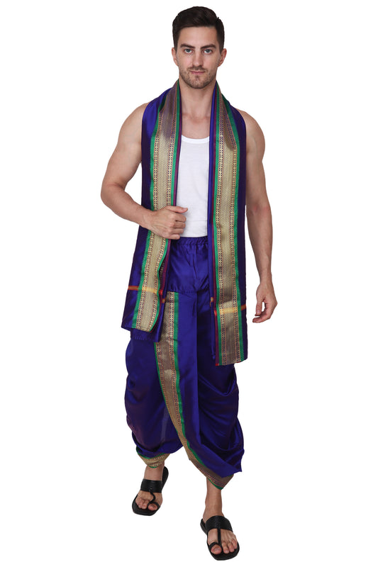 Blue Colour Silk Dhoti Set - Pre Stitched Dhoti