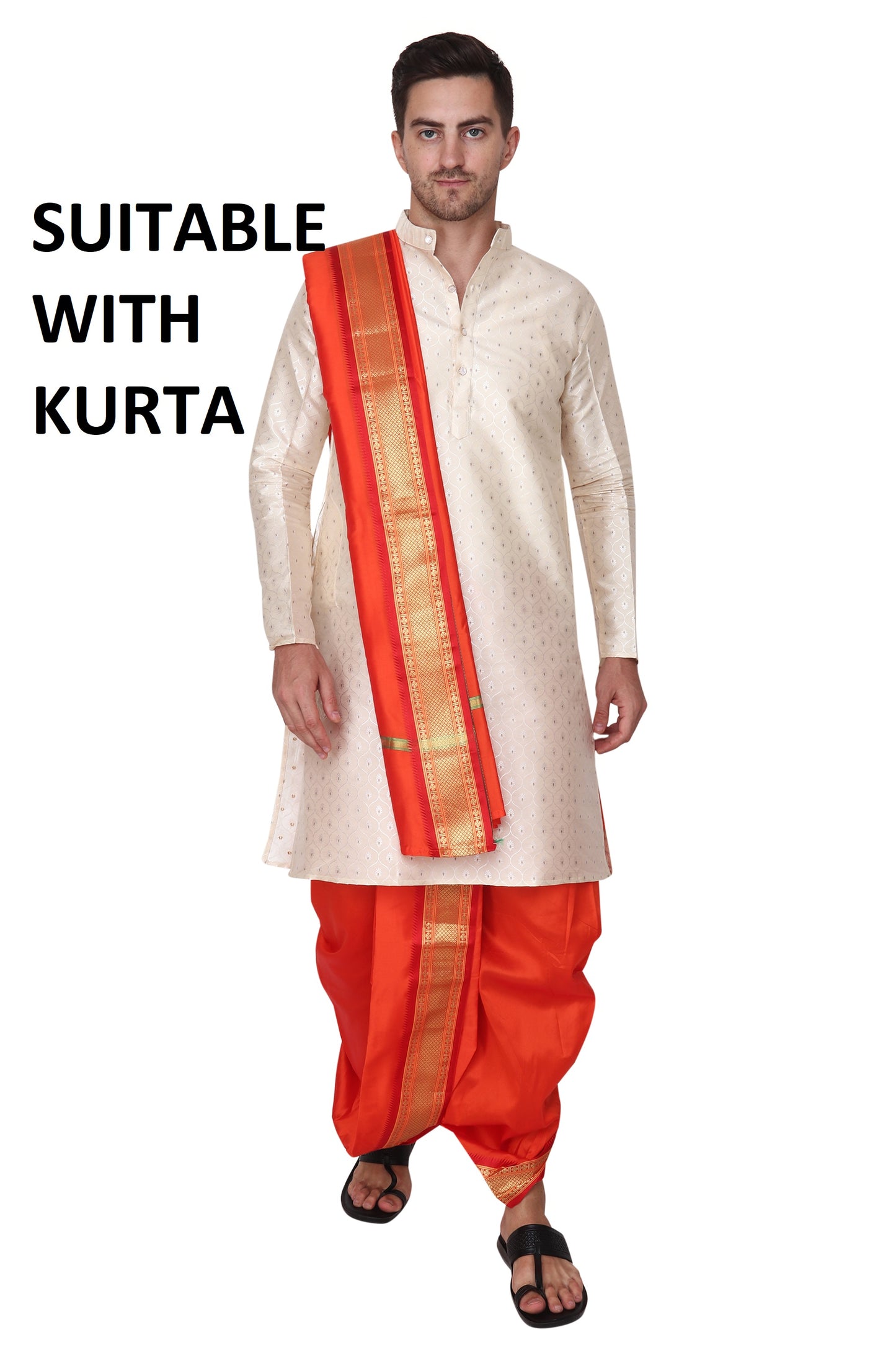 Orange-Saffron-Bhagwa Color - Pandit Ji - Pujari Dhoti Set for Pooja