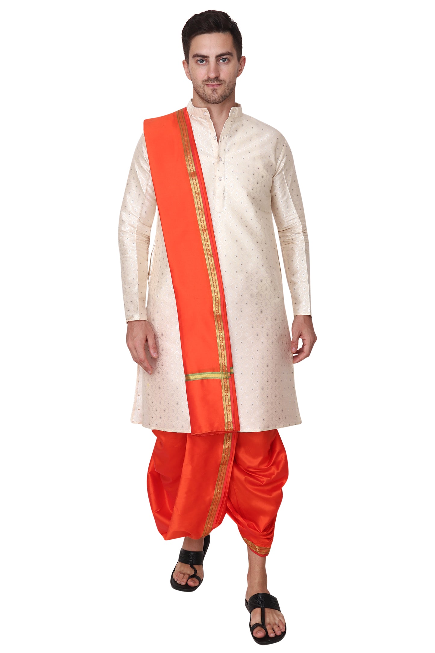 Mens Silk Dhoti with Stole - Readymade - Dhoti-Gamcha Suitable with Kurta for Pooja , Festival