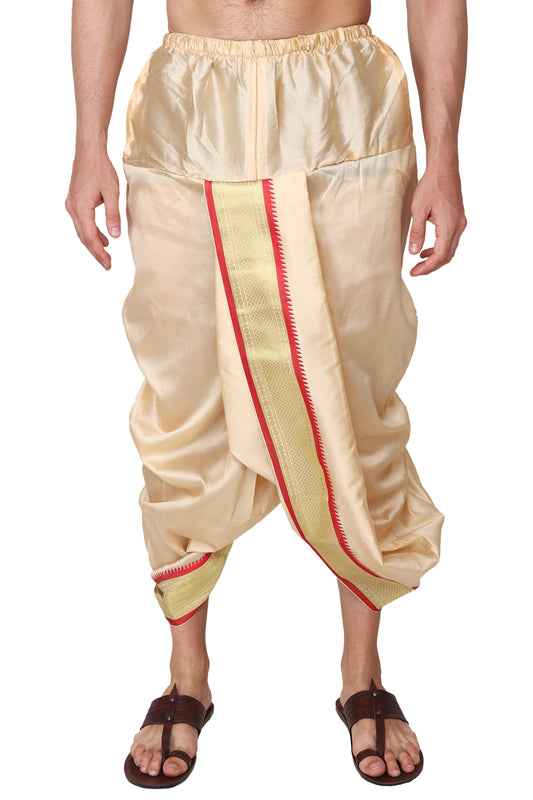 Gold - Sandal Color Silk Dhoti Set - Readymade Dhotar