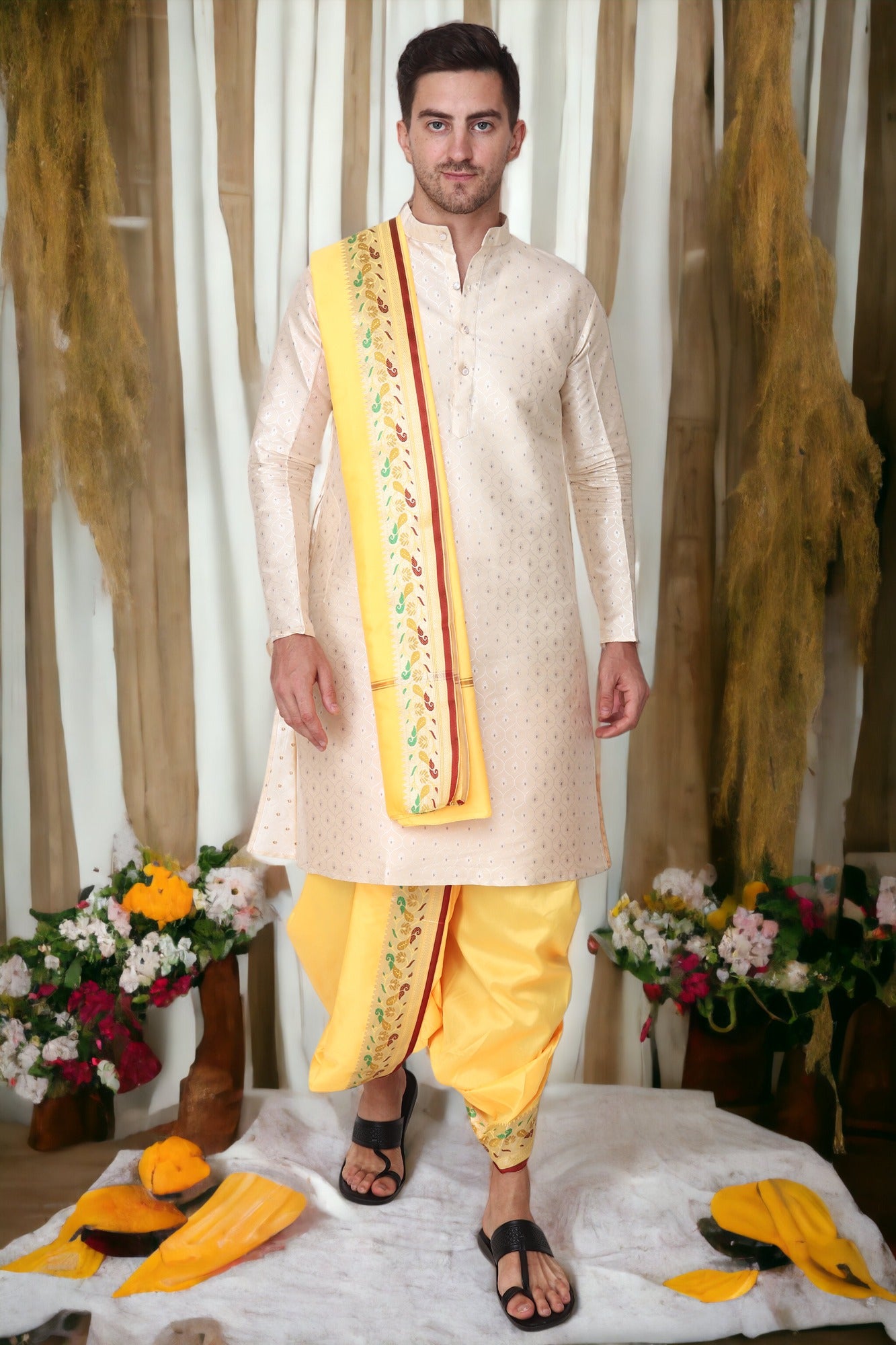 Dhoti Kurta Set for Men with Stole - Sherwani Style - Mens Wedding Dress