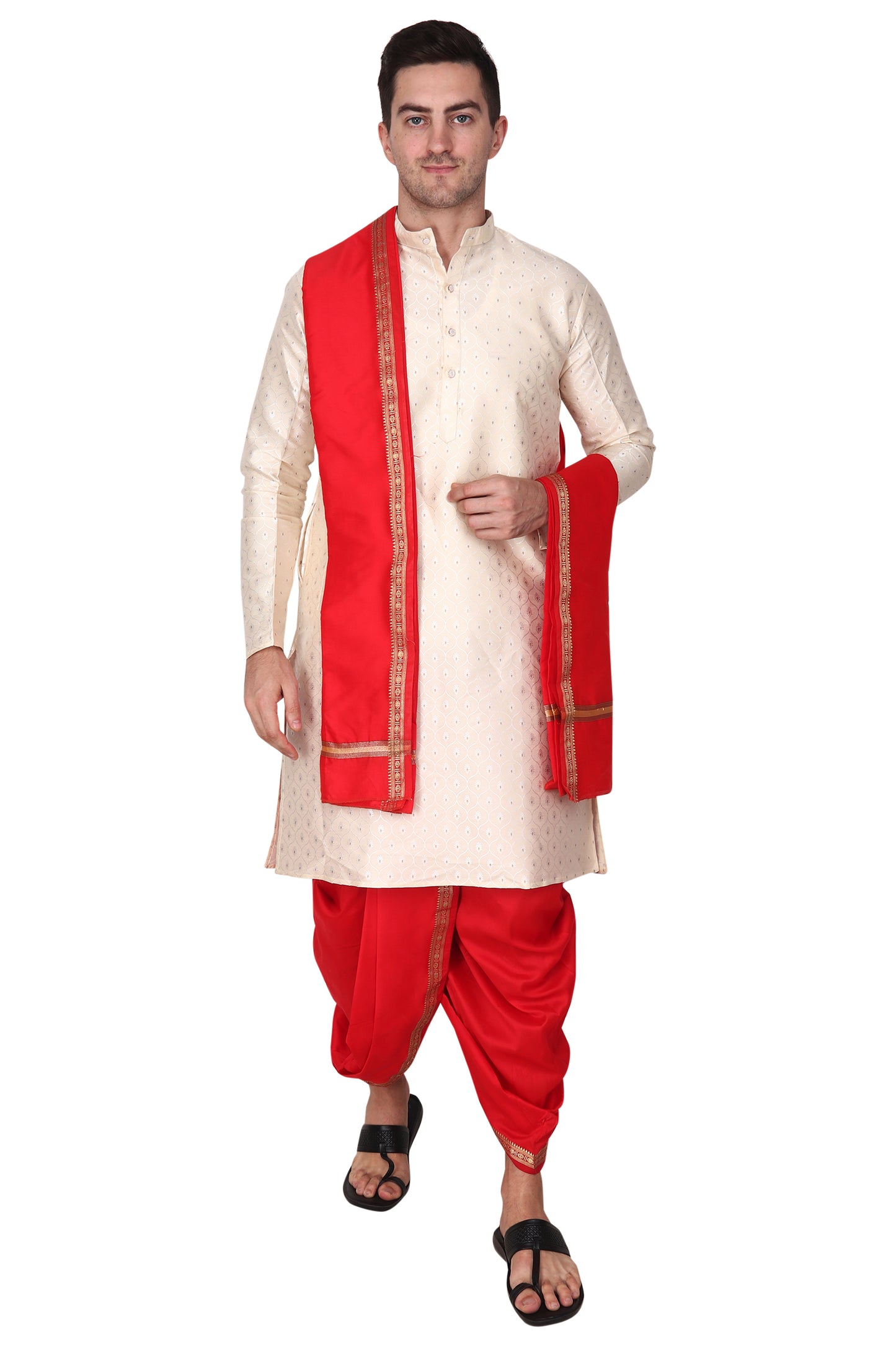 Mens Silk Dhoti with Stole - Readymade - Dhoti-Gamcha Suitable with Kurta for Pooja , Festival