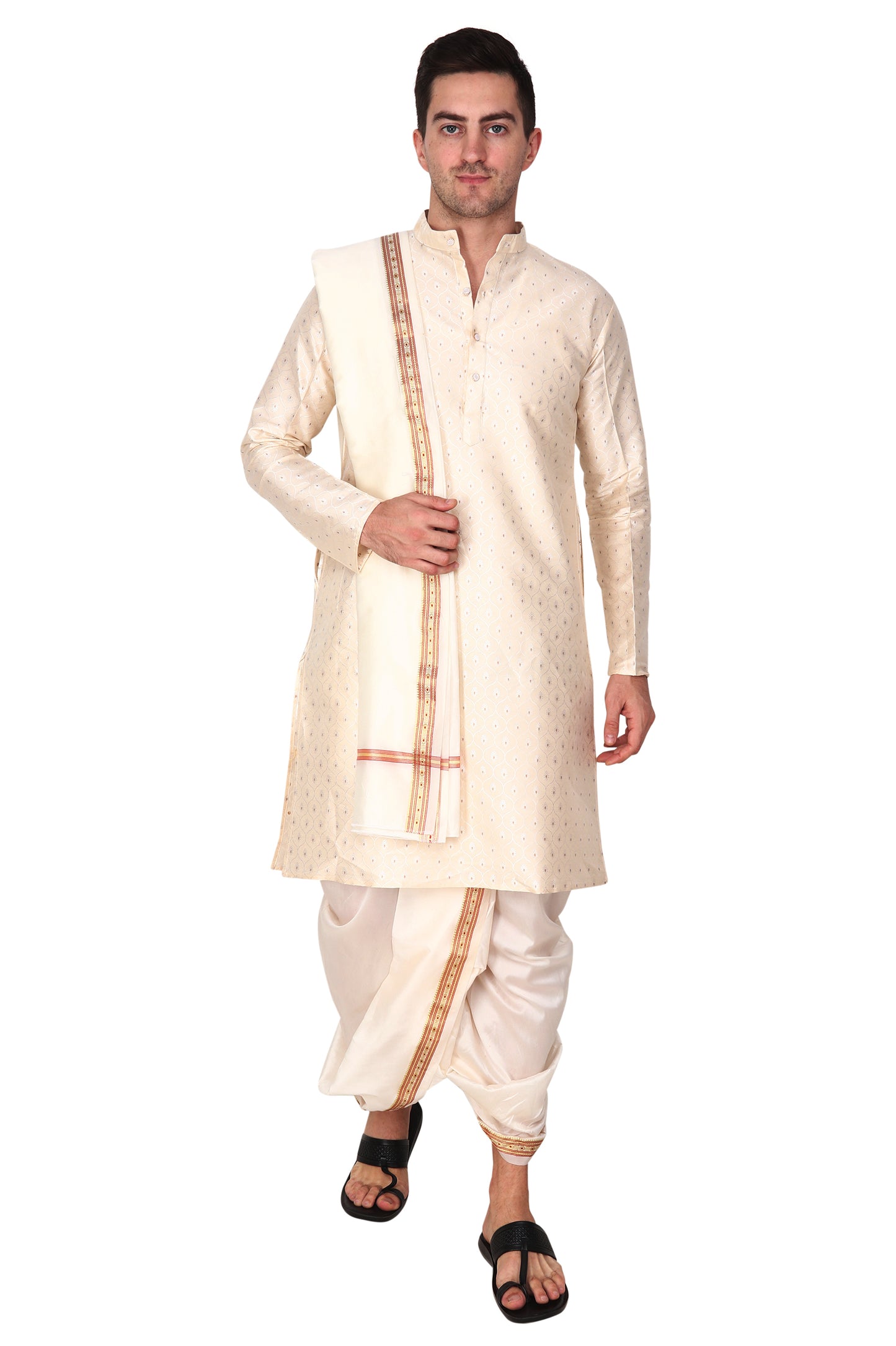 Mens Silk Dhoti with Stole - Readymade - Dhoti-Gamcha Suitable with Kurta for Pooja , Festival