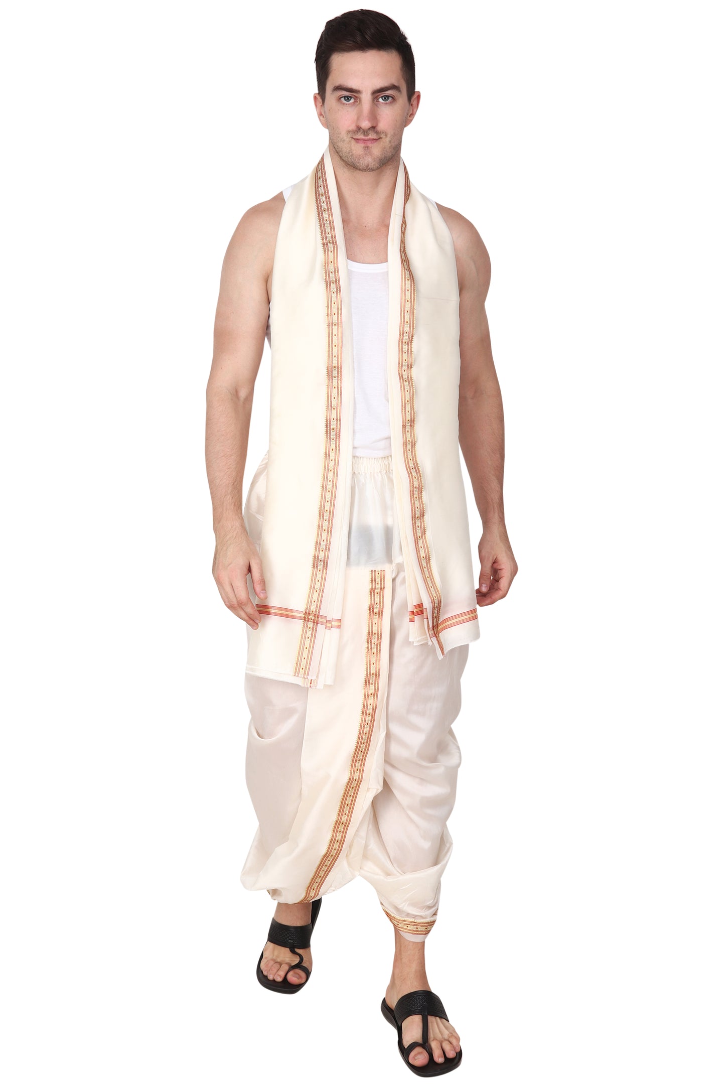 Mens Silk Dhoti with Stole - Readymade - Dhoti-Gamcha Suitable with Kurta for Pooja , Festival