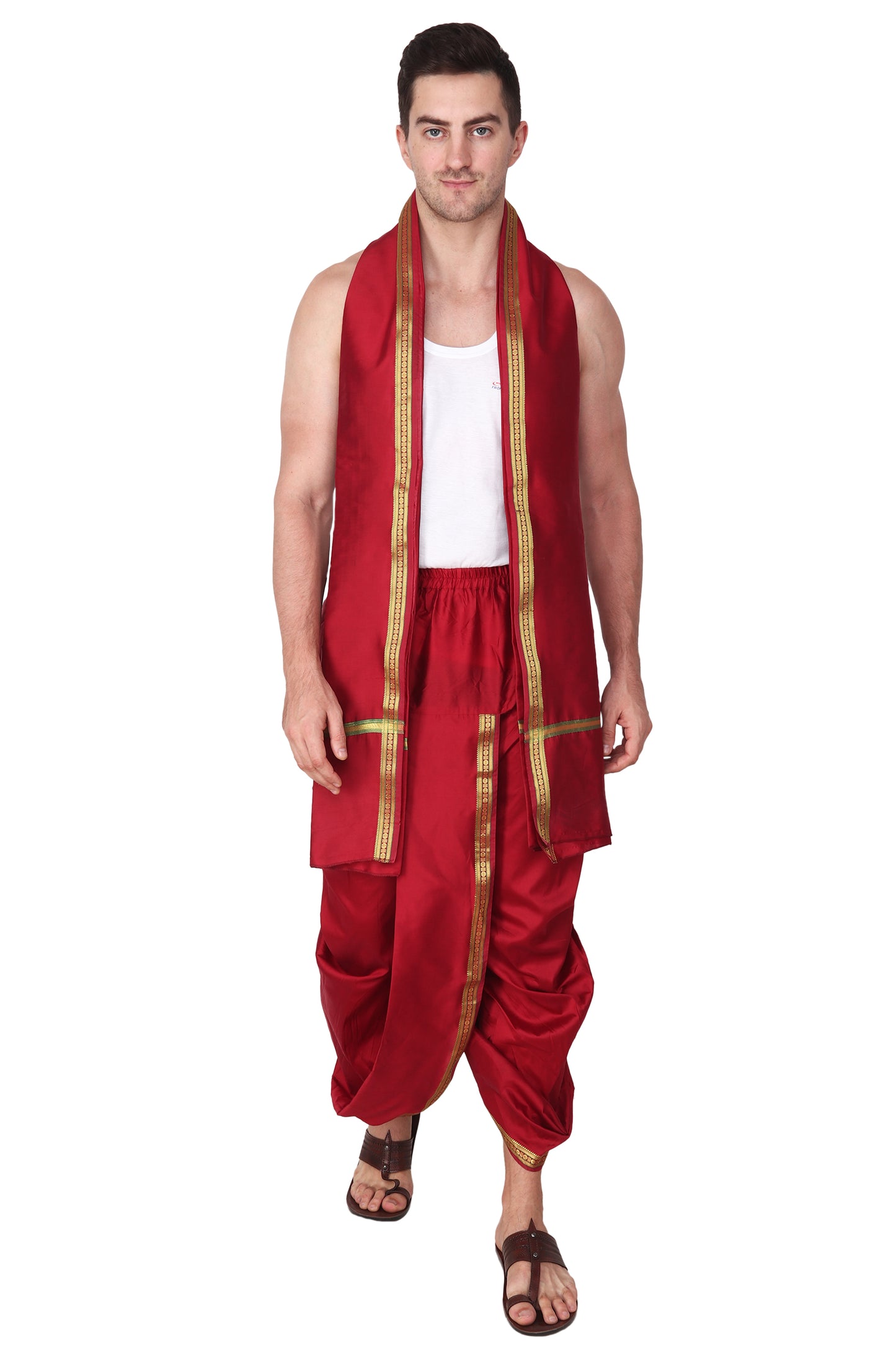 Mens Silk Dhoti with Stole - Readymade - Dhoti-Gamcha Suitable with Kurta for Pooja , Festival