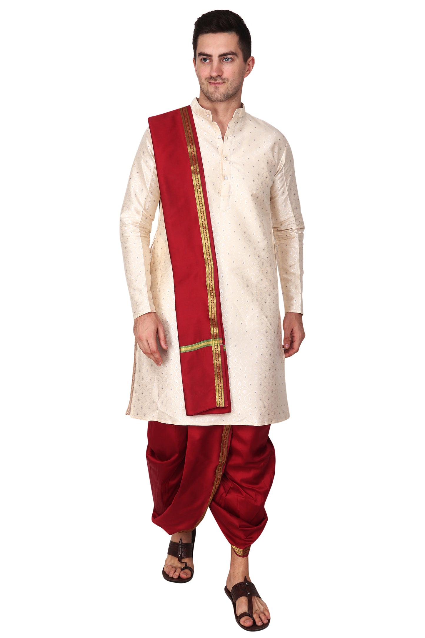 Mens Silk Dhoti with Stole - Readymade - Dhoti-Gamcha Suitable with Kurta for Pooja , Festival