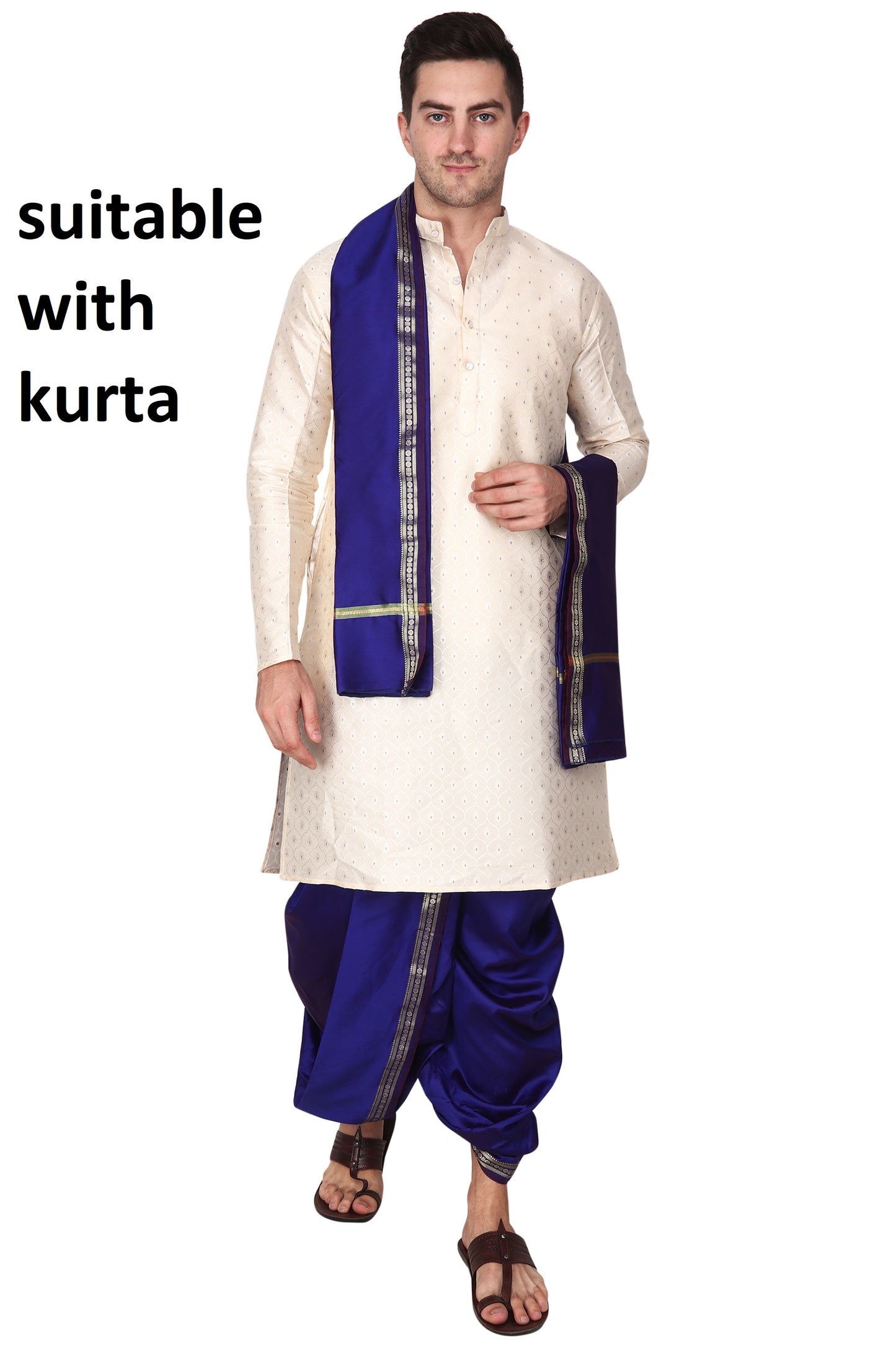 Mens Silk Dhoti with Stole - Readymade - Dhoti-Gamcha Suitable with Kurta for Pooja , Festival