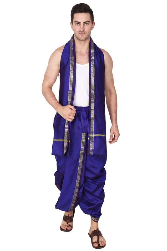 Mens Silk Dhoti with Stole - Readymade - Dhoti-Gamcha Suitable with Kurta for Pooja , Festival