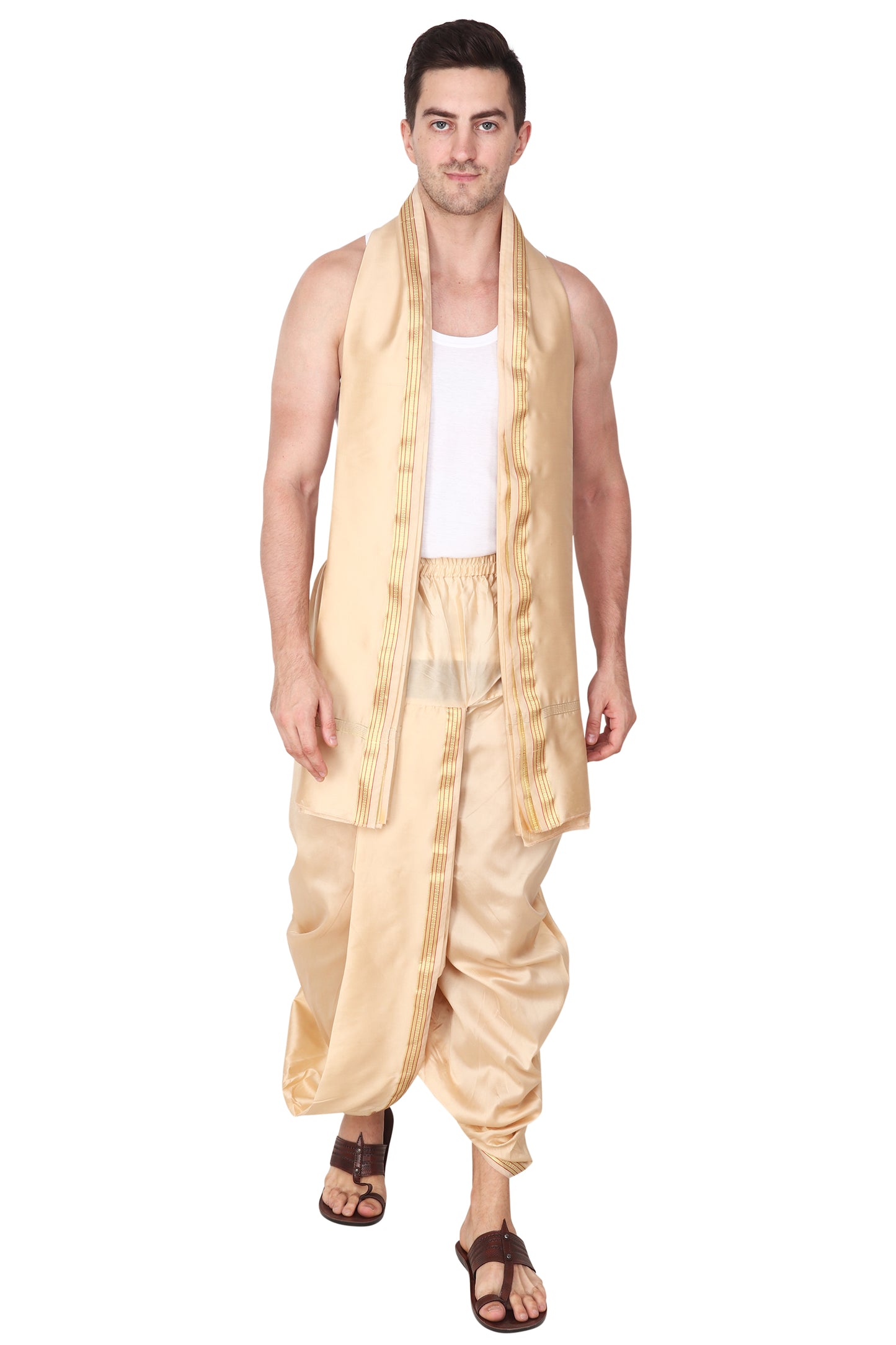 Mens Silk Dhoti with Stole - Readymade - Dhoti-Gamcha Suitable with Kurta for Pooja , Festival