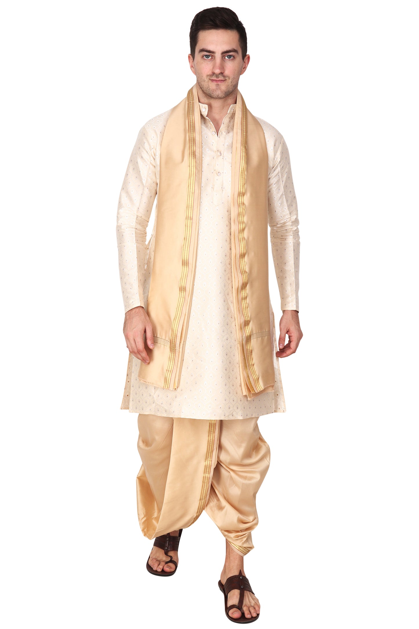 Mens Silk Dhoti with Stole - Readymade - Dhoti-Gamcha Suitable with Kurta for Pooja , Festival