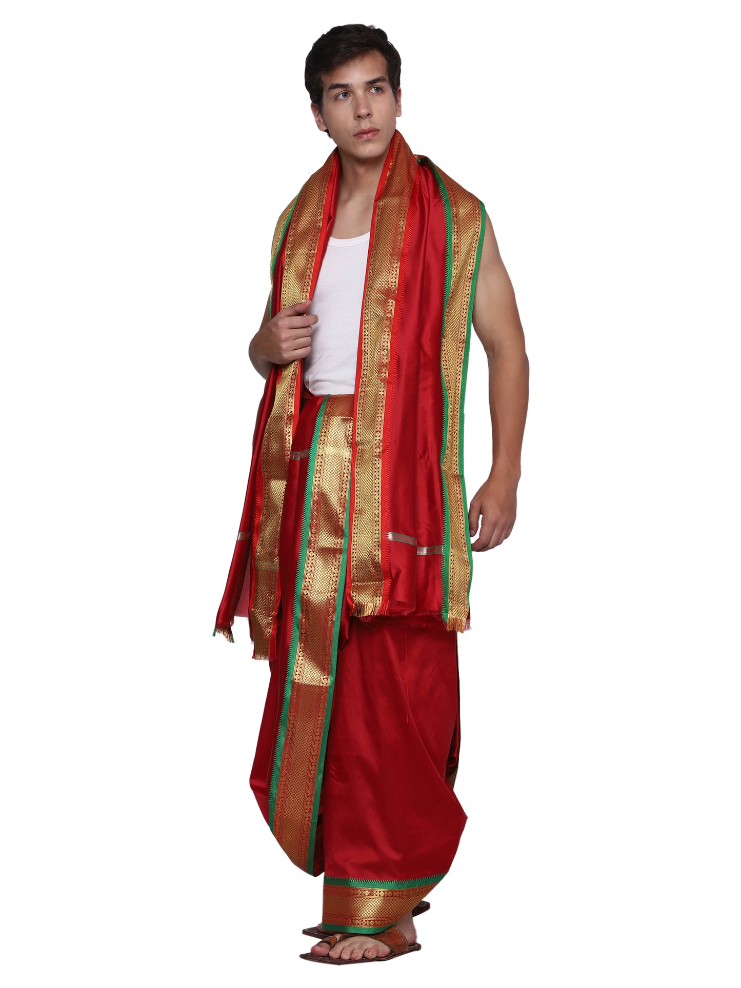 Mens Silk Dhoti with Angwastram Set - Unstitched , Vesthi-Mundu-Dhotar-Kerala-South-Dhoti-Gamcha Set